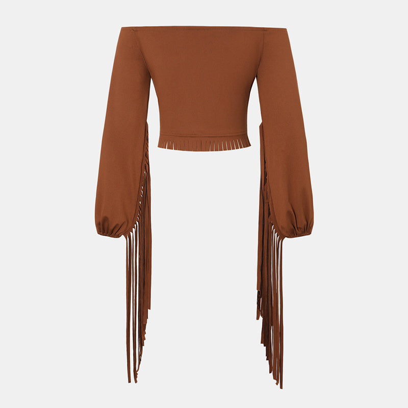 Women's Solid Color Western Cowgirl Style Off-Shoulder Fringe Top - Sexy Slim Fitted Long Sleeve Tassel Blouse