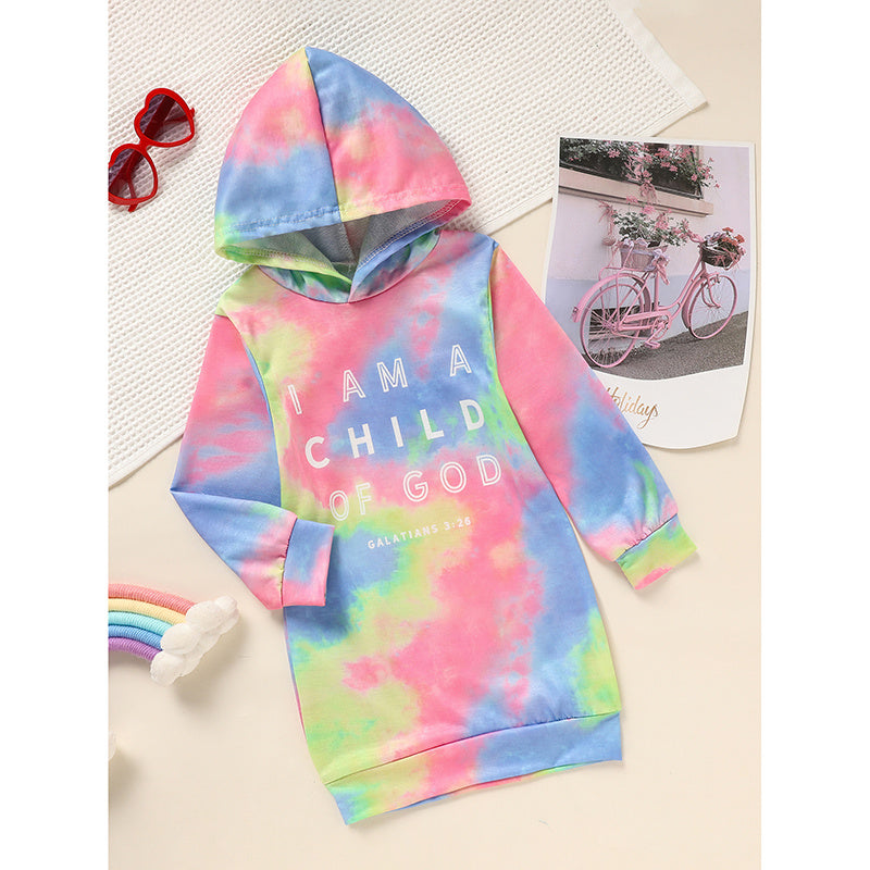 Toddler Girls Long Sleeve Tie Dye Hooded Dress Adorable & Comfortable Daily Wear For Kids