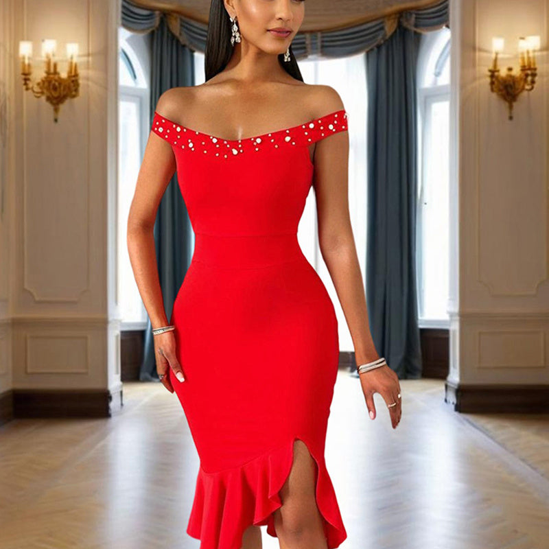 Women's Solid Color Beaded Off-Shoulder Bodycon Dress - Ruffle Hem & Slit Tight Midi Dress For Summer Parties
