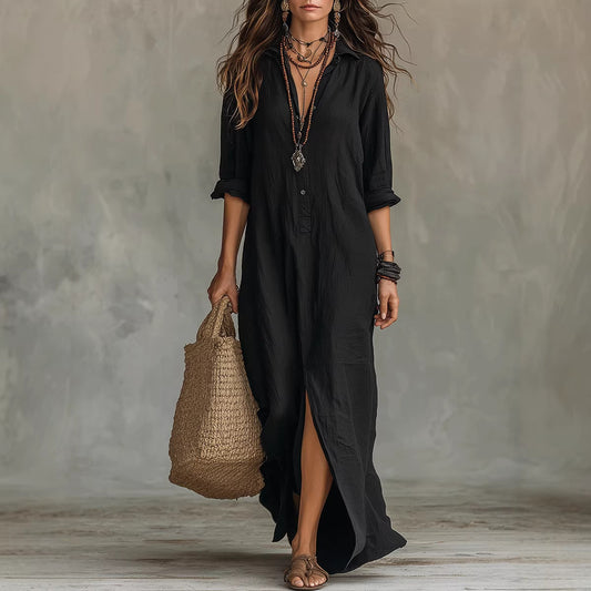 Solid-color Lapel-front Slit Maxi Dress