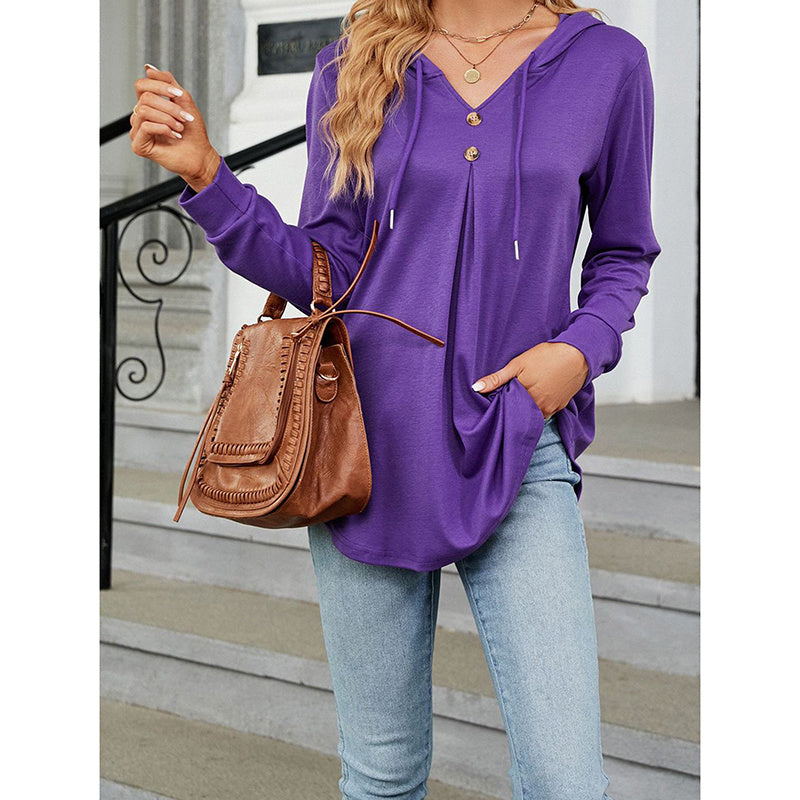 Women's Long Sleeve Hooded Tunic Tops Button Swing Pullover Hoodie Sweatshirts