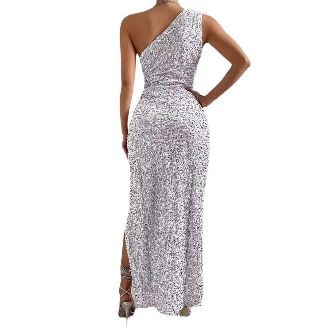 Sequined Shoulder Split Solid Color  Asymmetric Sleeveless Long Dress