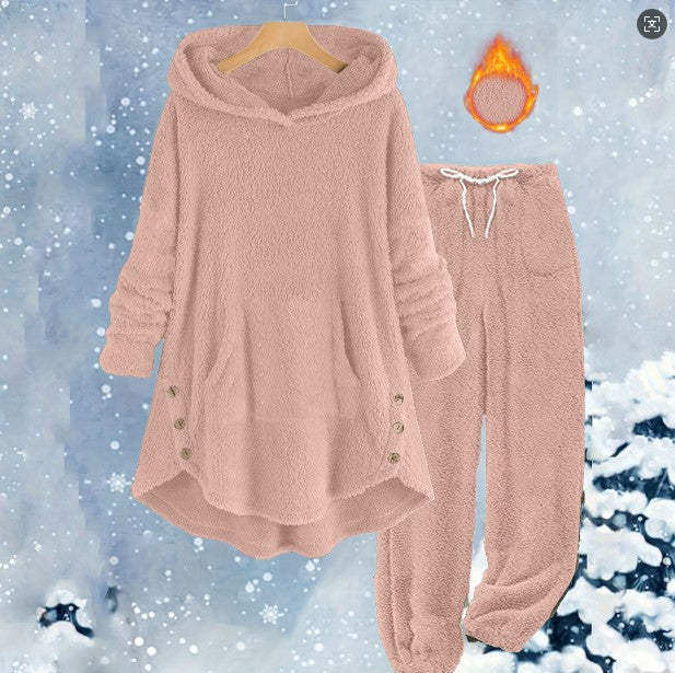 Solid-color Plush Hooded Long-sleeve Pants