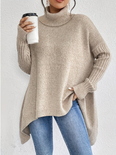 Irregular Turtleneck Sweater Winter Loose Long Sleeve Knitted Tops