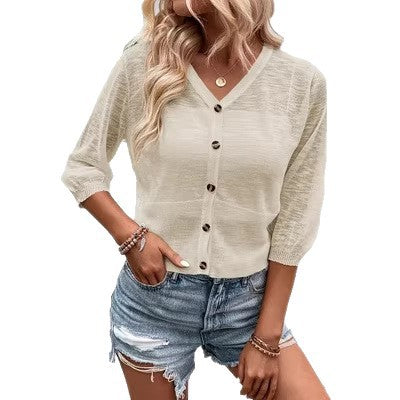 Solid-Color V-Neck Button-Up Knitted Short Cardigan