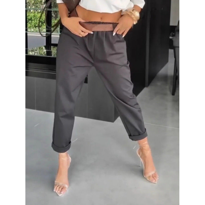 Solid-color Pocketed Slim-fit Casual Pants
