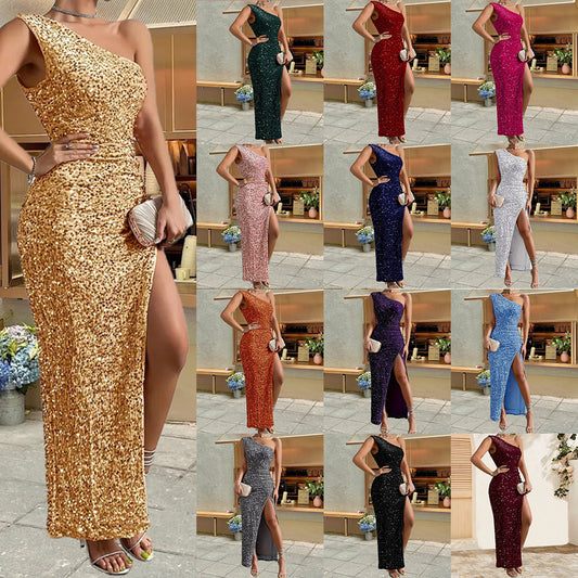 Sequined Shoulder Split Solid Color  Asymmetric Sleeveless Long Dress