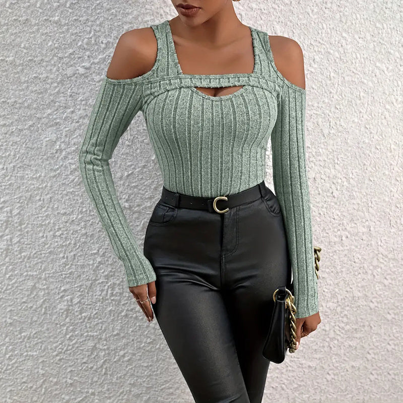 Women's Ribbed Long Sleeve Top Cut Out Front Detail Fitted Sexy Tee Casual Dressy T-Shirt Tops