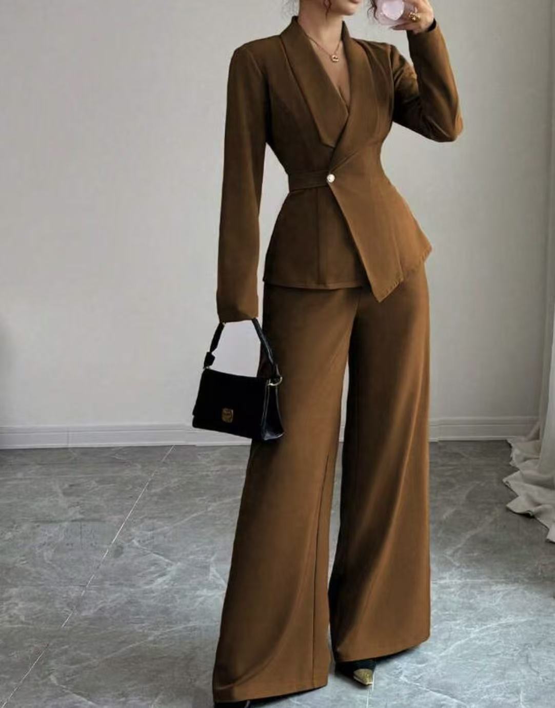 Solid-color Long-sleeve Straight-leg Pants Set