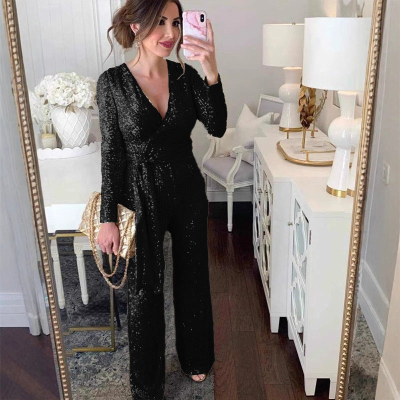 V-neck Long-Sleeve Sparkly Beaded Waist-Cinched Jumpsuit