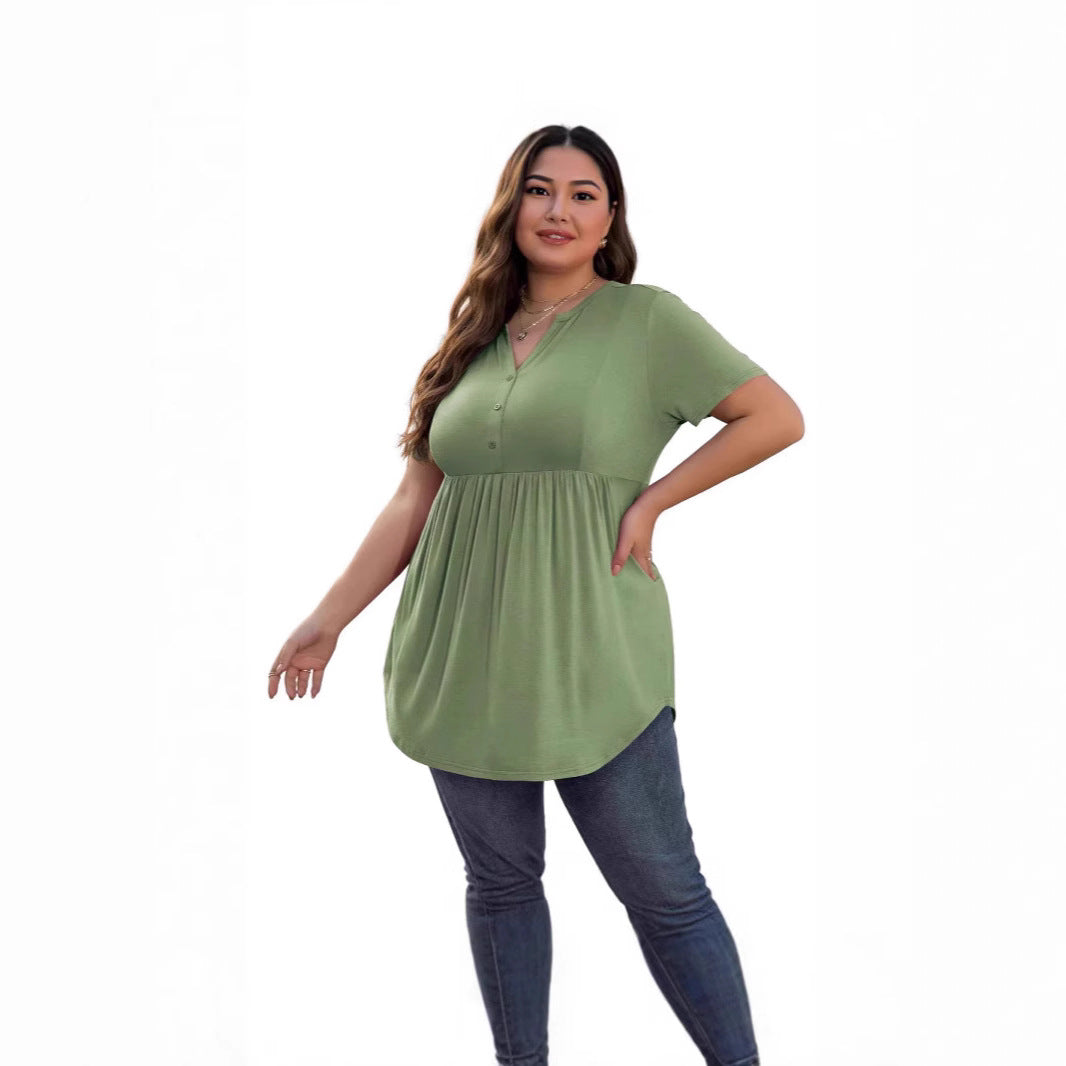 Solid-color V-neck Top
