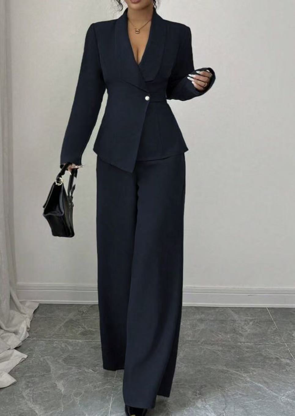 Solid-color Long-sleeve Straight-leg Pants Set