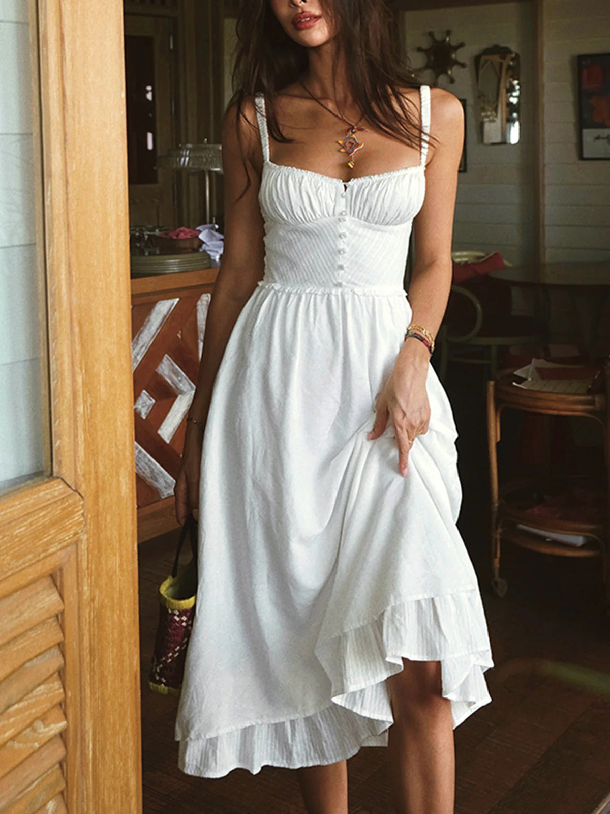French-style  Slip Dress Open-back Solid Color High-waisted