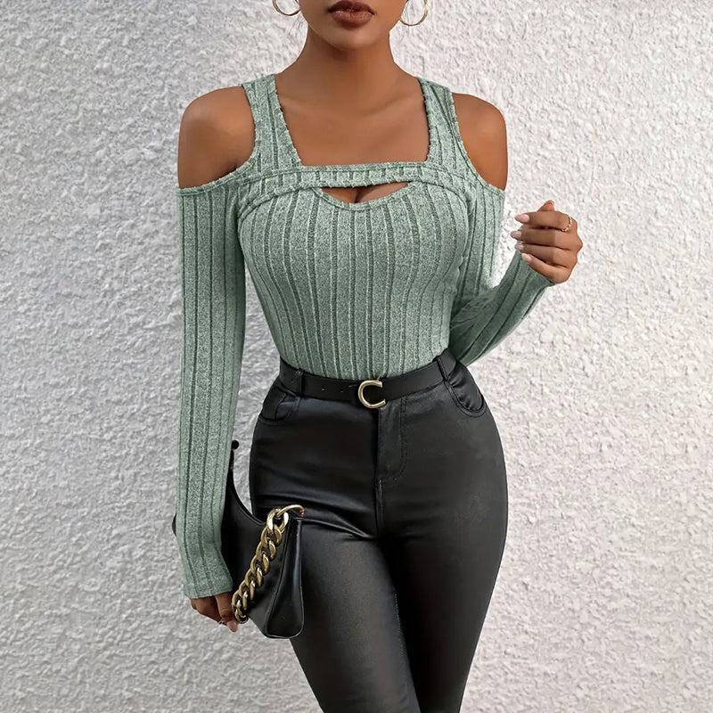 Women's Ribbed Long Sleeve Top Cut Out Front Detail Fitted Sexy Tee Casual Dressy T-Shirt Tops