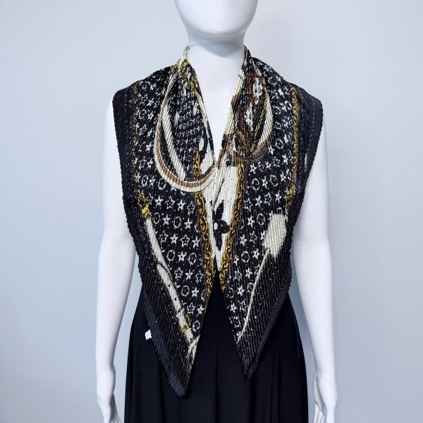 Black Flower Silk Feel Pleated Scarf With Rhinesto