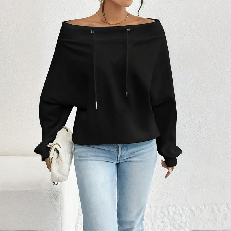 Plus Size Women's Solid Color Off-Shoulder Long Sleeve Pullover With Drawstring - Casual Ribbed Detail Top For Spring&Fall