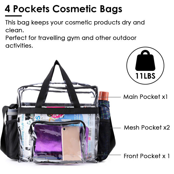 Clear Tote Bag -4-Pocket 0.4 Mm PVC Crossbody,Handbag, Adjustable Strap,  Holds 11 Lbs, Waterproof & Cold-Crack Resistant, Perfect For Concerts, Sports, School, Work