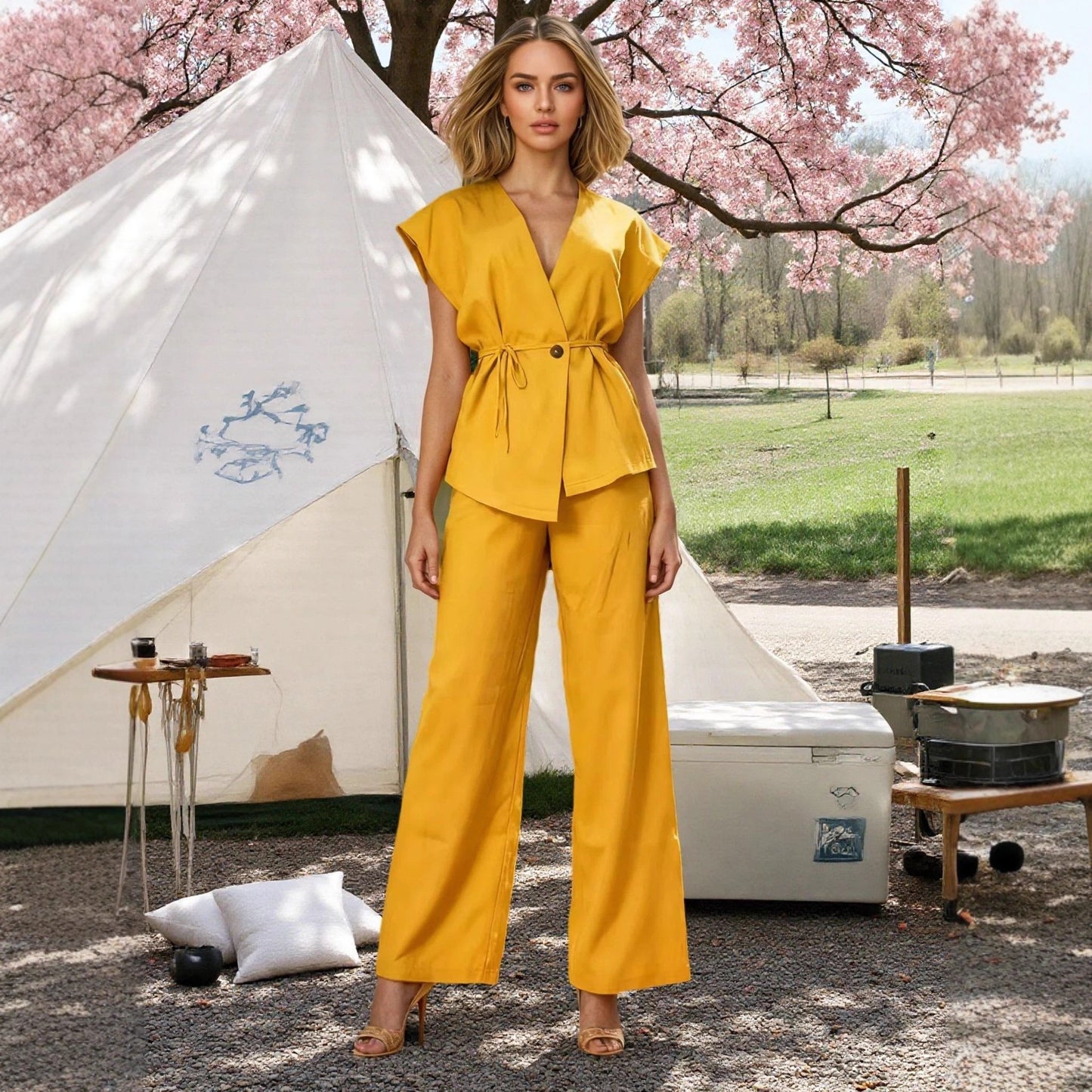 Casual Vest And Pants Set With Ties Solid Color