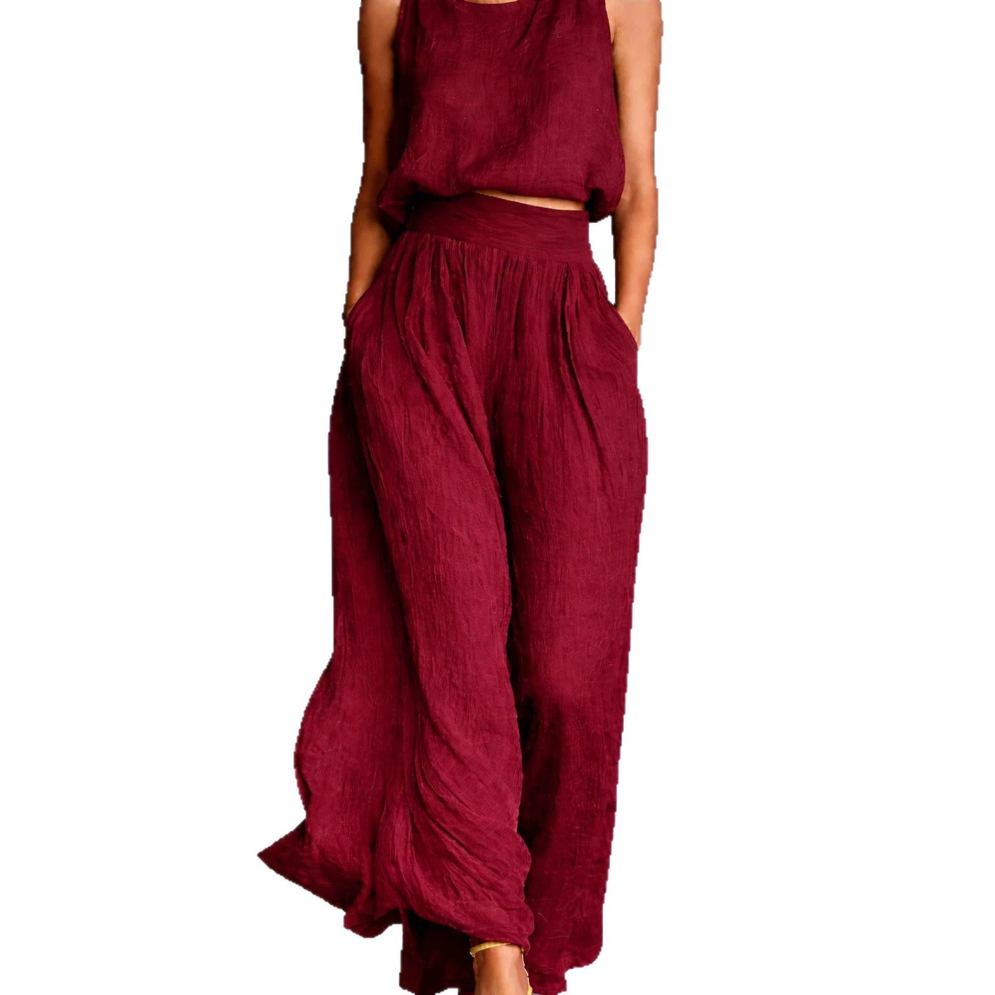 Sleeveless Loose Crew-Neck Top And Wide-Leg Pants Set