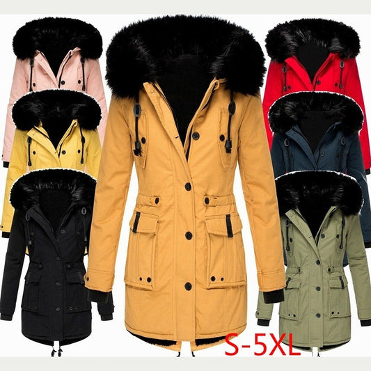 Thick Hooded Drawstring Mid-length Zipper Jacket
