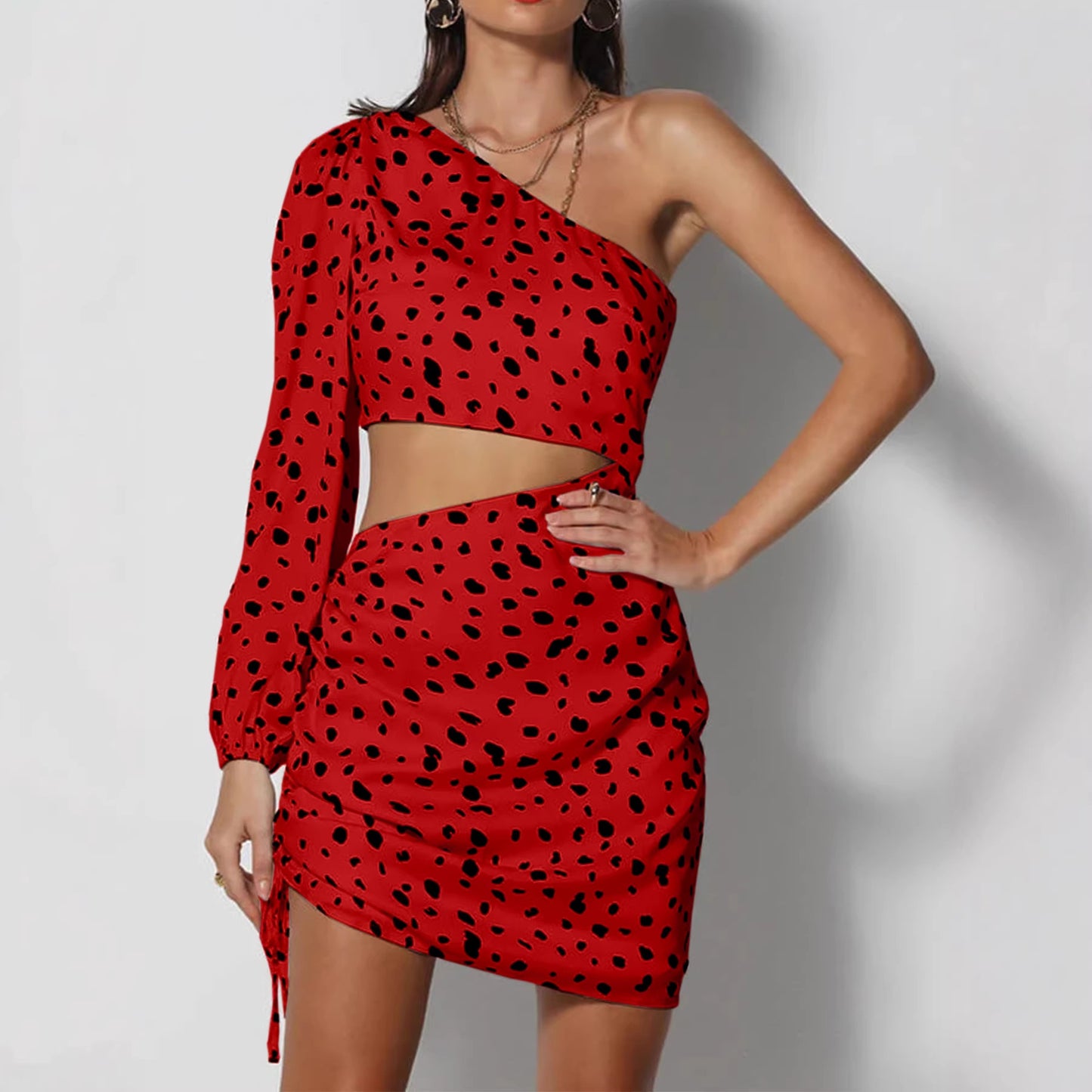 Off-Shoulder One-Sleeve Leopard-Print Hollow-Out Waist Bodycon Dress