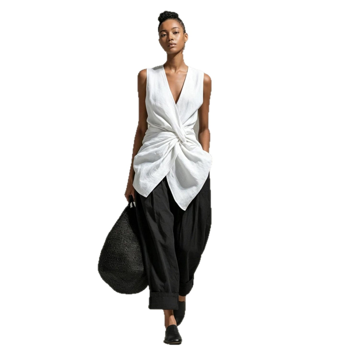 Tie-front V-neck Sleeveless Top Wide-leg Pantsuit