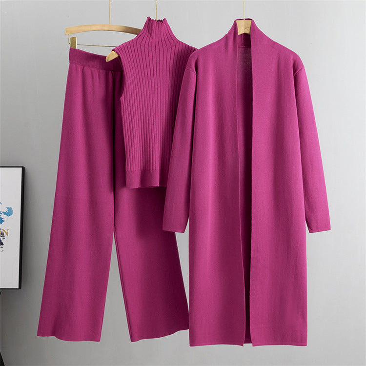 3pcs Suits Women Knitting Sleeveless Vest Sweater Long Cardigan And Wide-leg Pants