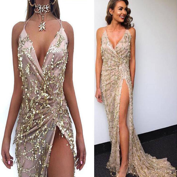 V-neck Halter Strap Sequin Dress