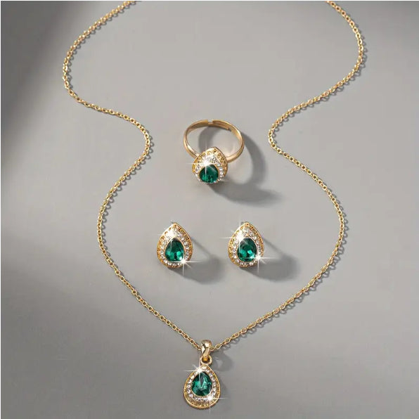 Water Drop Gem Series Necklace Earring Ring Bracelet Four-piece Set