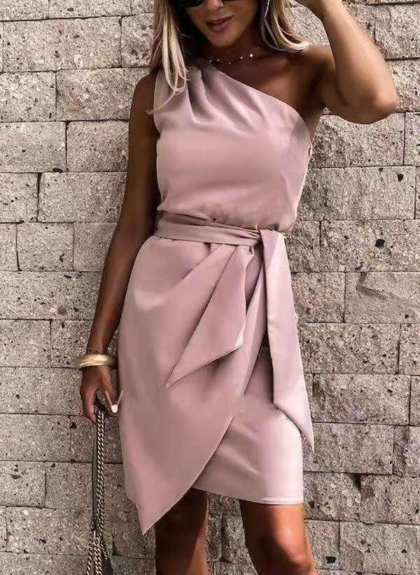 Sleeveless Slanted Shoulder Irregular Tie Party Dress