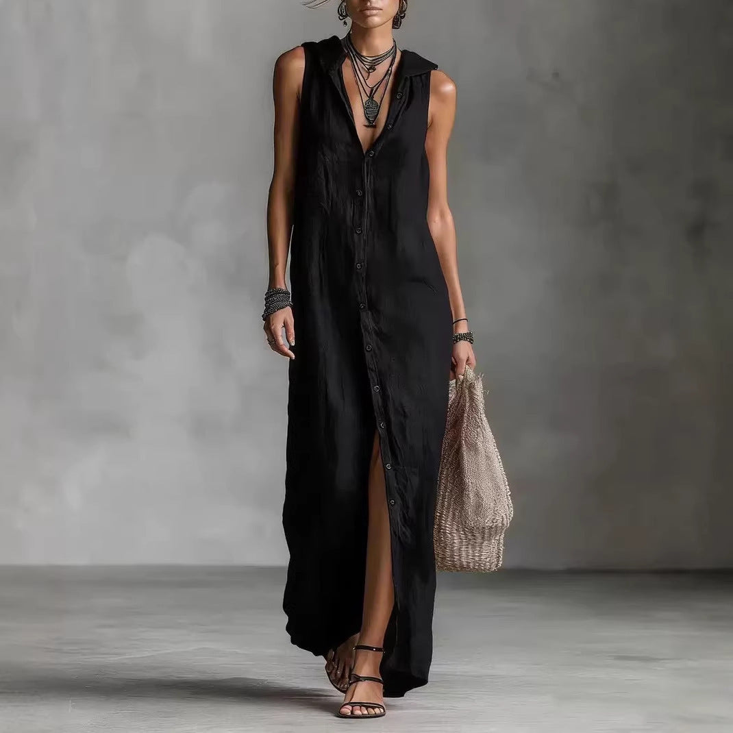 Sleeveless Hooded Maxi Dress With Button Placket