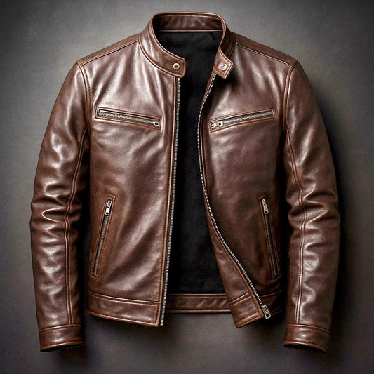 Leather Motorcycle Jacket With A Stand-Up Collar