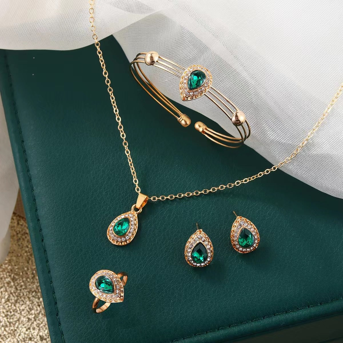 Water Drop Gem Series Necklace Earring Ring Bracelet Four-piece Set