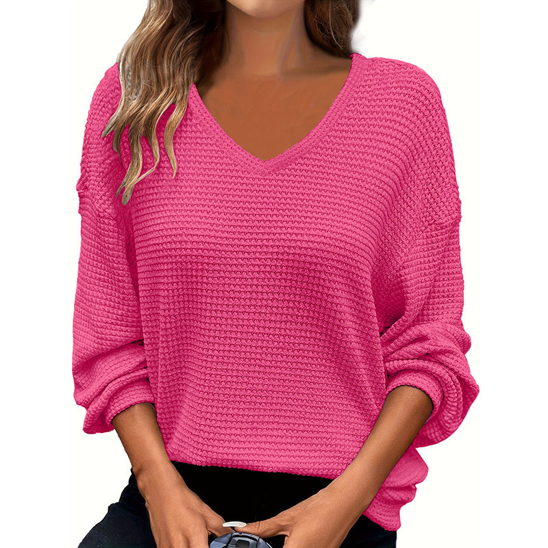 Plus Size Women's Casual V-Neck Pineapple Texture Knit Top Solid Color Long Sleeve Breathable Pullover For Spring Fall