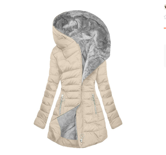 Plush Hooded Mid-length , Zipper Cotton-padded Coat