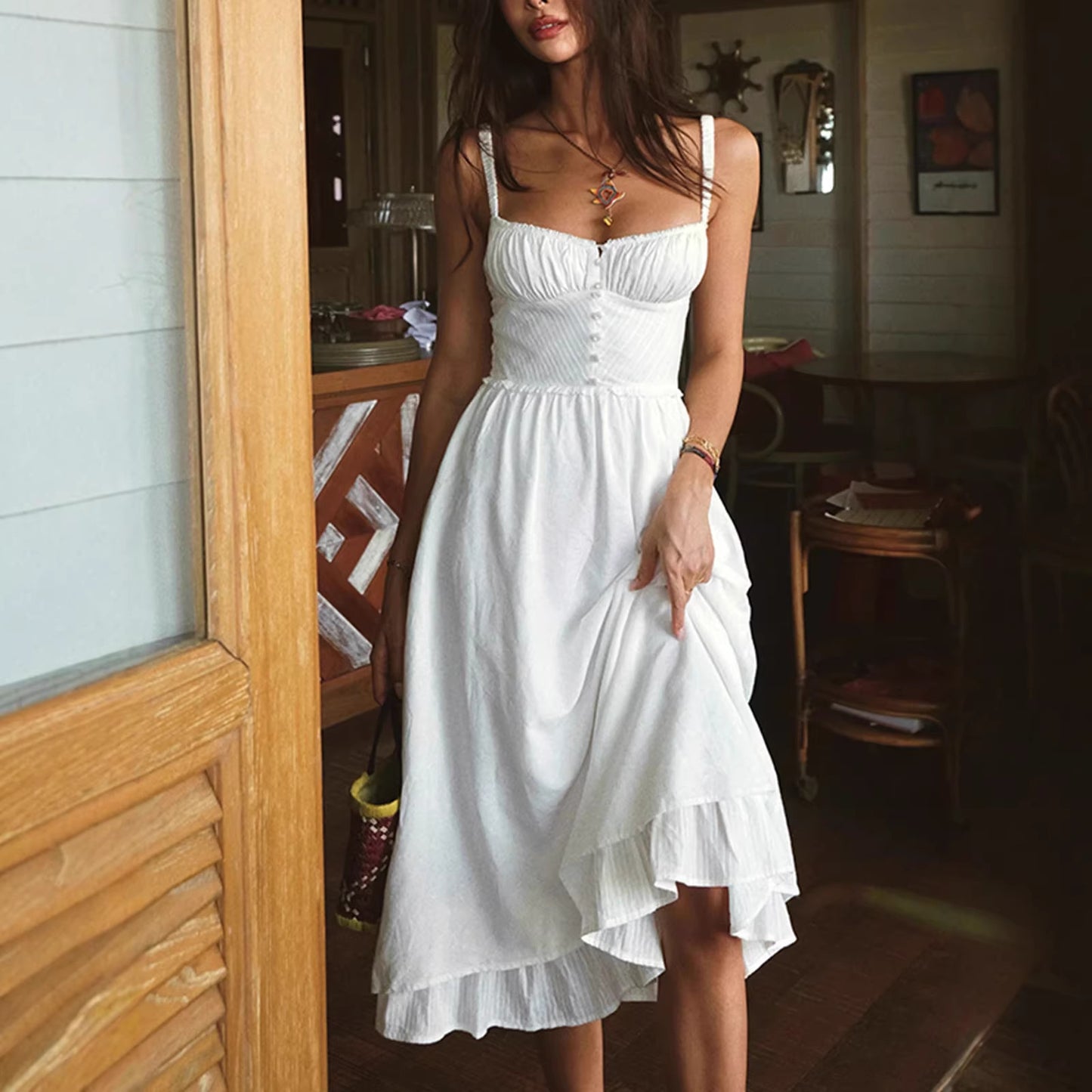 French-style  Slip Dress Open-back Solid Color High-waisted