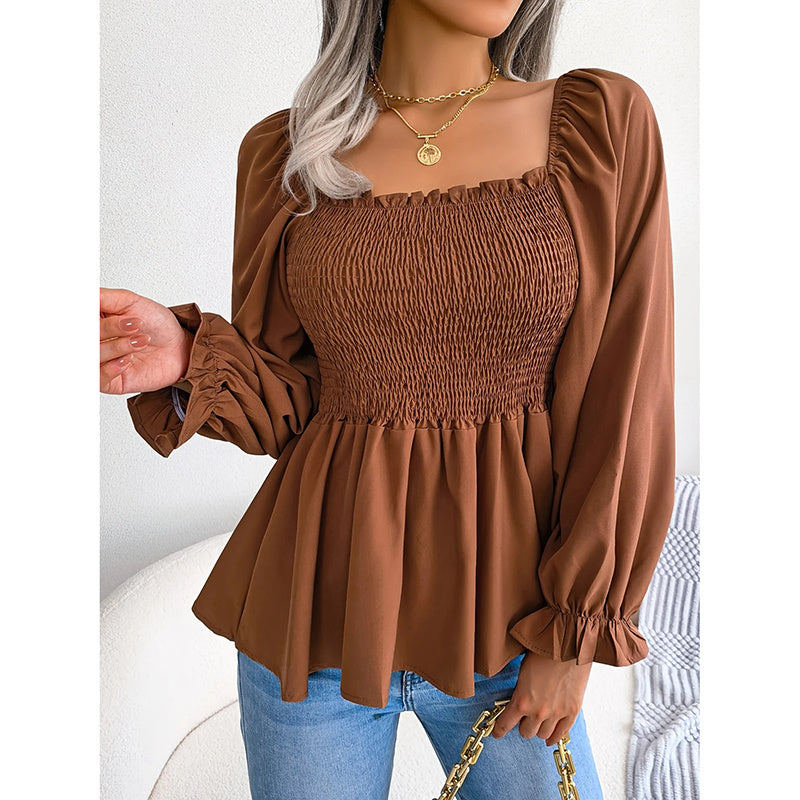 Women's Peplum Tops Square Neck Ruffle Trim Long Sleeve Blouse Smocked Top Dressy Casual Shirts