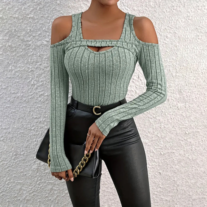 Women's Ribbed Long Sleeve Top Cut Out Front Detail Fitted Sexy Tee Casual Dressy T-Shirt Tops
