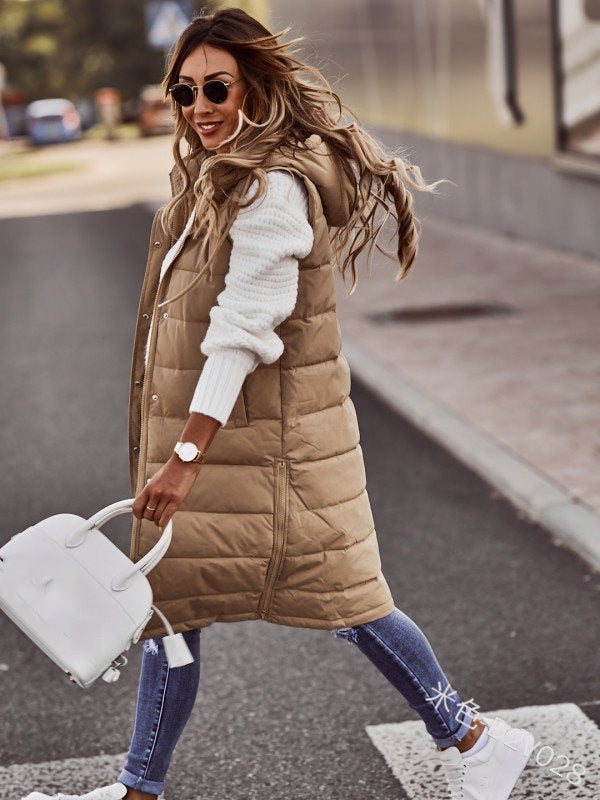 Solid Color Hooded Mid-length Cotton Vest  Cardigan Coat