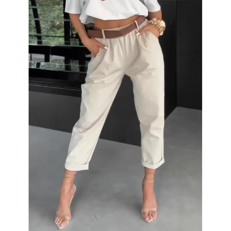 Solid-color Pocketed Slim-fit Casual Pants