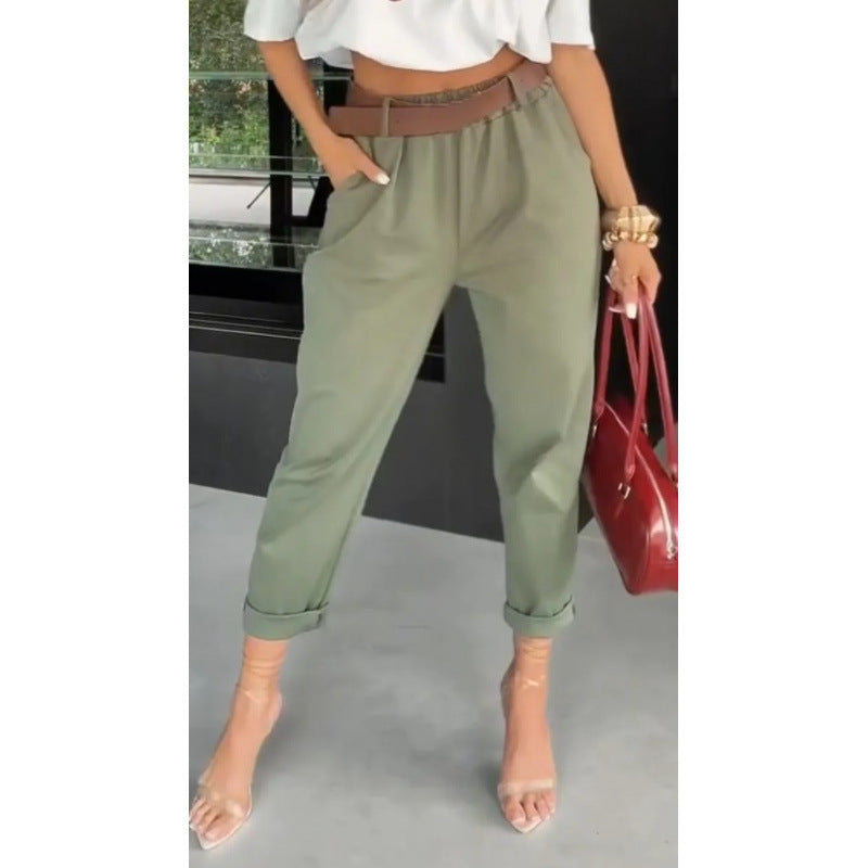 Solid-color Pocketed Slim-fit Casual Pants