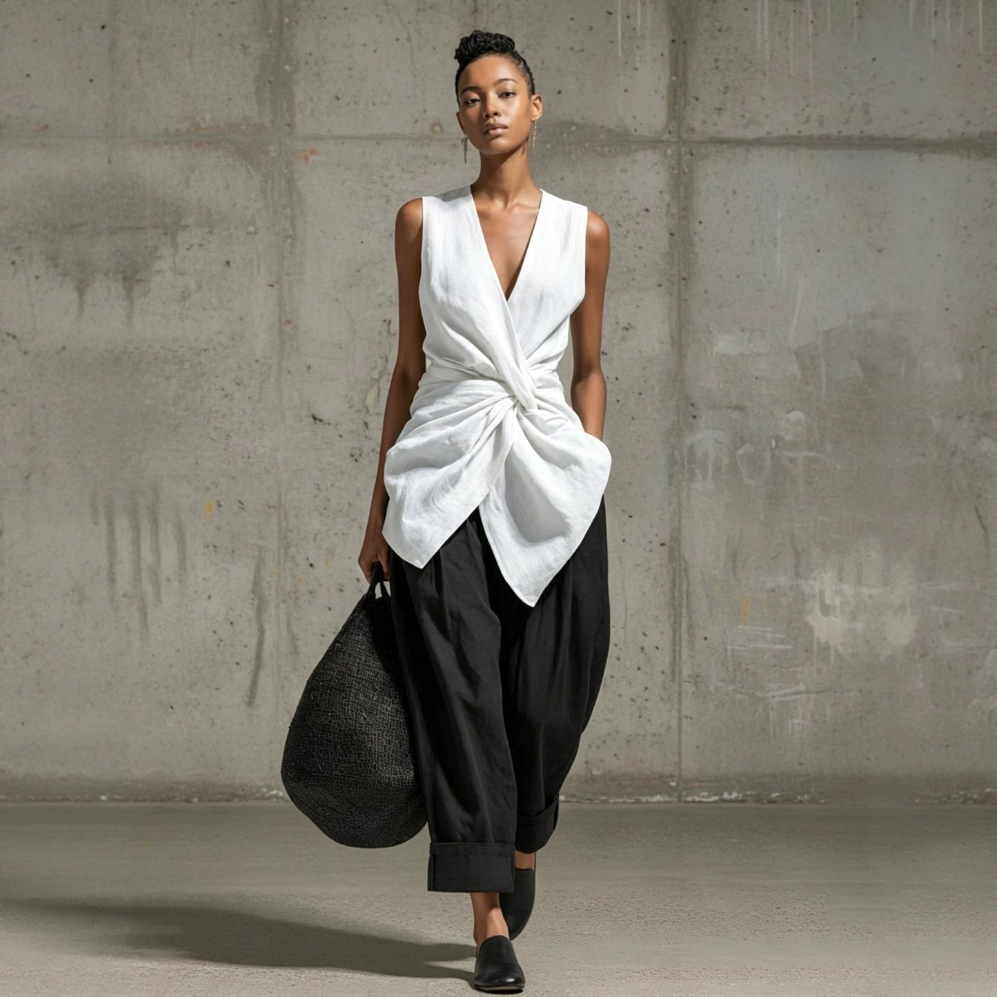 Tie-front V-neck Sleeveless Top Wide-leg Pantsuit