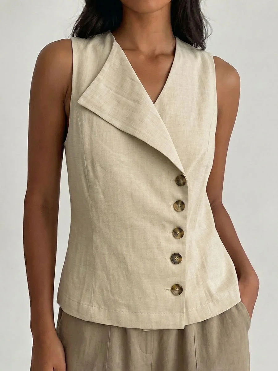 Sleeveless Button-Down V-Neck Solid-Color Shirt