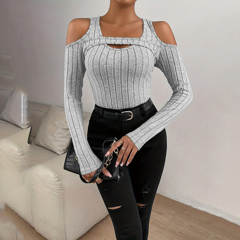 Women's Ribbed Long Sleeve Top Cut Out Front Detail Fitted Sexy Tee Casual Dressy T-Shirt Tops