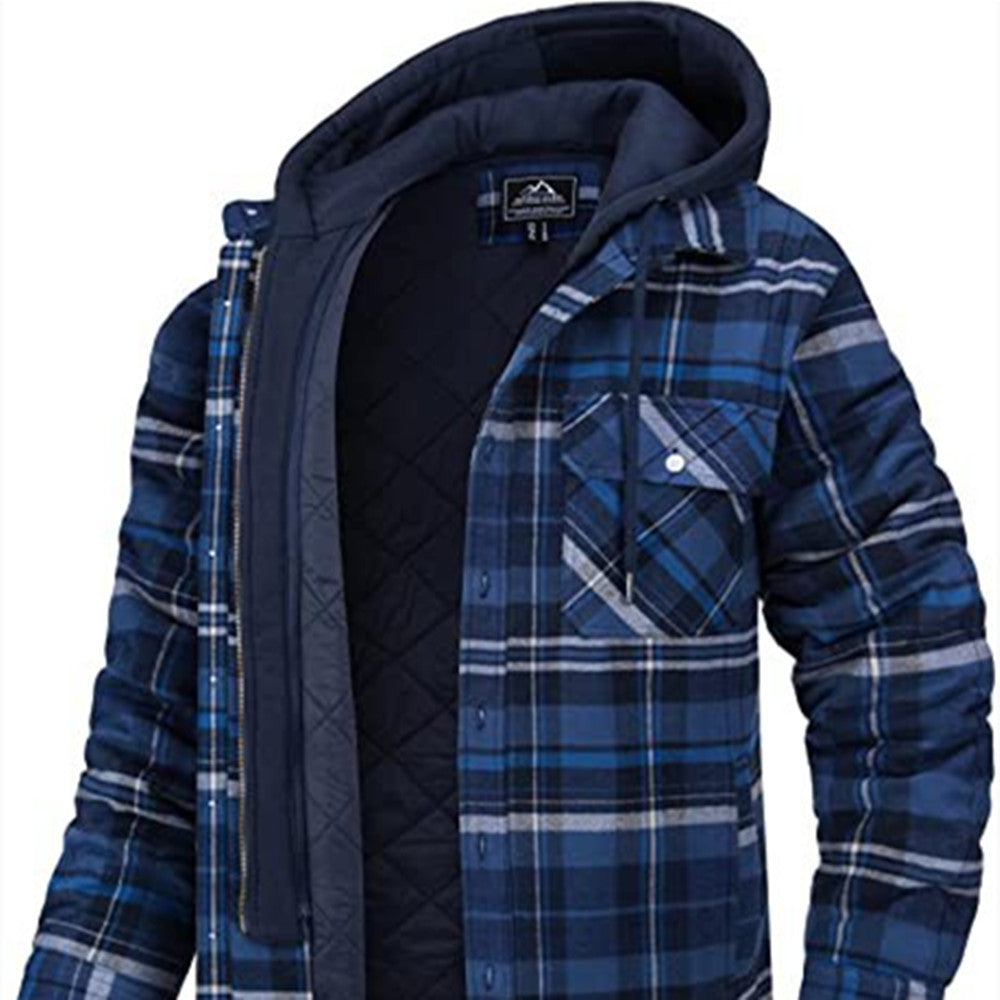 Plaid Hooded Coat Button Zip-up