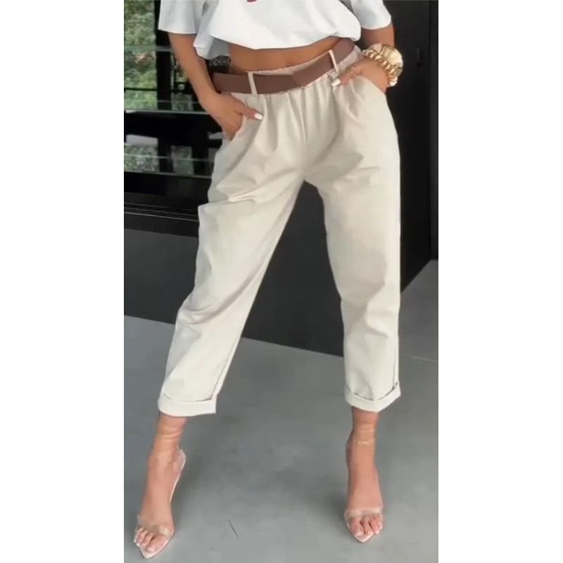 Solid-color Pocketed Slim-fit Casual Pants
