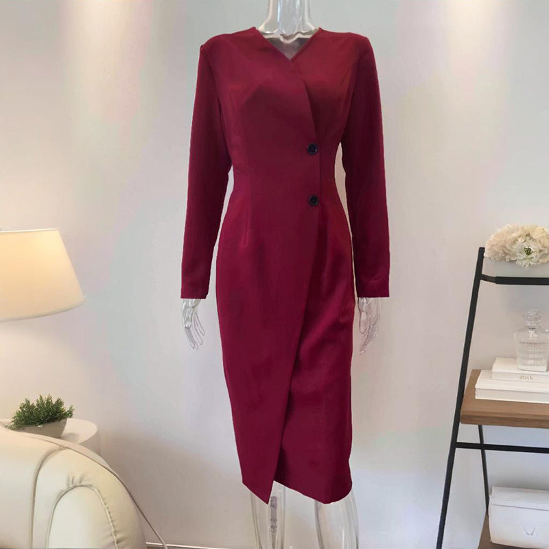 Women's Elegant V-Neck Wrap Dress Long Sleeve Button Front Midi Dress With Hidden Zipper & Slit Hem For Office