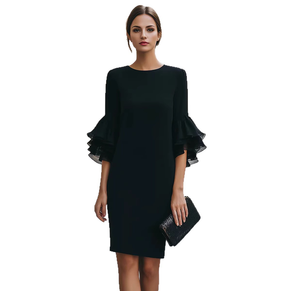 Solid-Colored Ruffle-Trim Flared-Sleeve Slim-Fit Dress