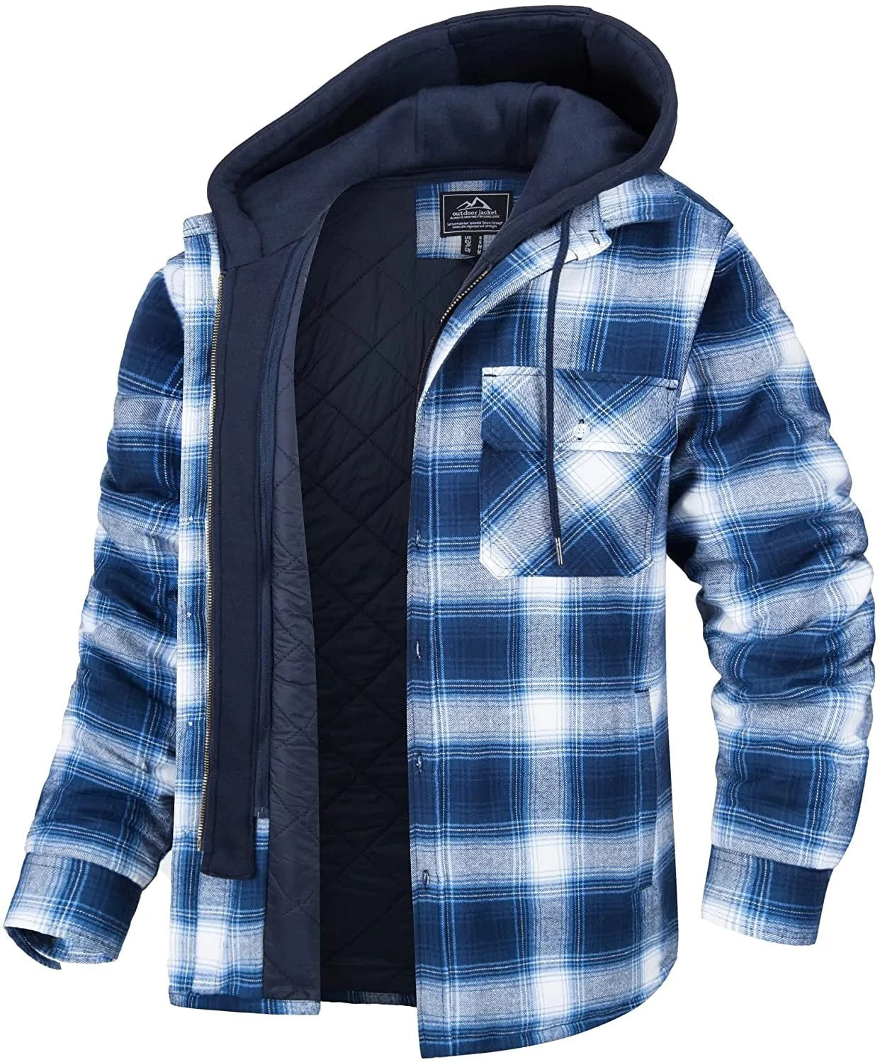 Plaid Hooded Coat Button Zip-up