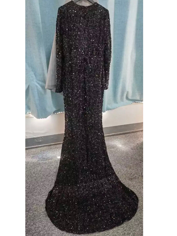 Long Sleeve Sequin Evening Dress